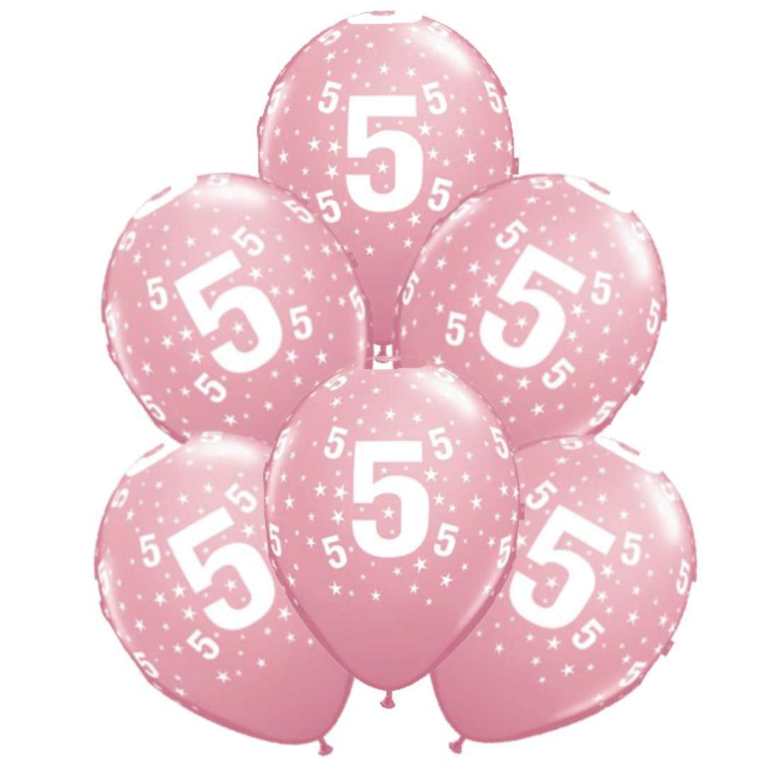 Balony "Cyfra 5", różowe, Qualatex, 12", 6 szt