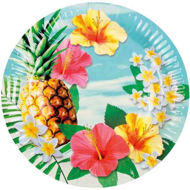 Talerzyki papierowe "Hawajski hibiscus z ananasem", Boland, 23 cm, 6 szt