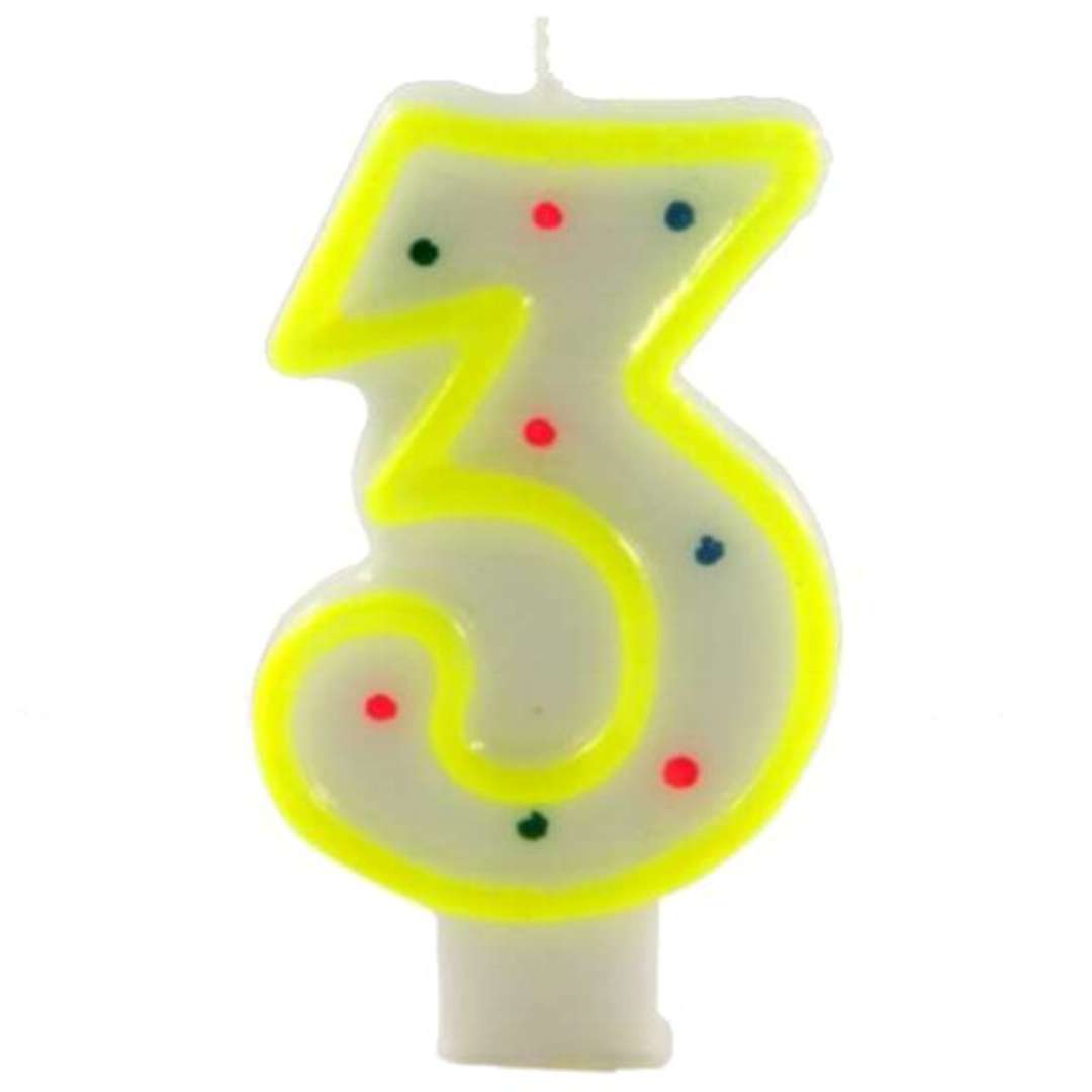 Świeczka na tort "Cyfra 3 w kropki", żółta, Tamipol, 7,5 cm
