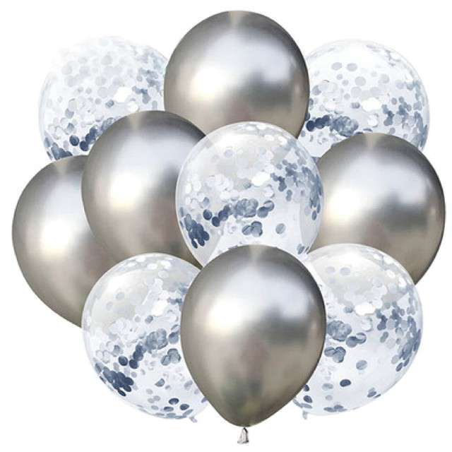 Balony "Chrom mix z konfetti", srebrne, Partypal, zestaw