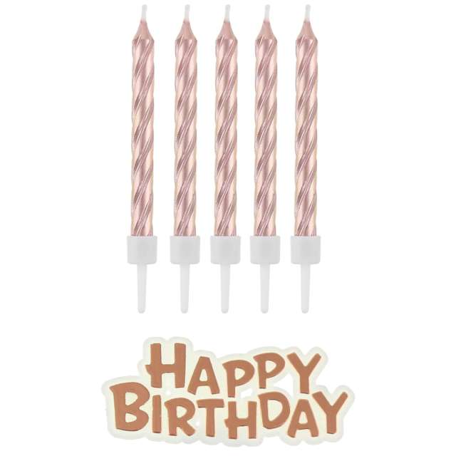 Świeczki na tort "Happy Birthday - Zakręcone", różowe-złoto, Godan, 8 cm, 16 szt