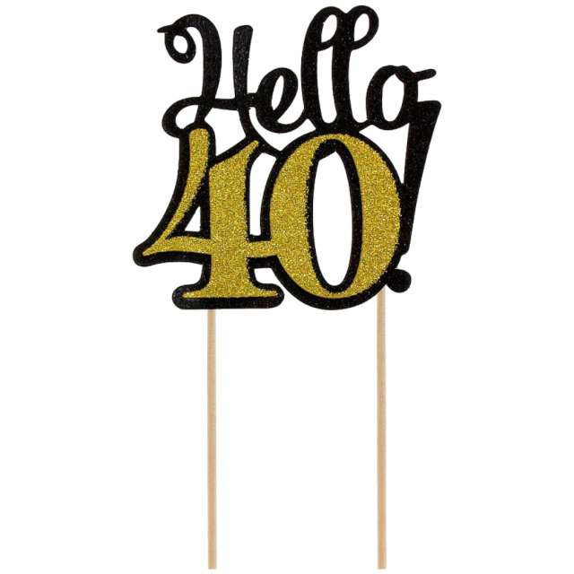 Dekoracja na tort "Hello 40!", czarno-złota, 19 cm