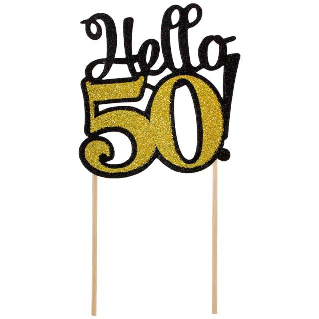 Dekoracja na tort "Hello 50!", czarno-złota, 19 cm