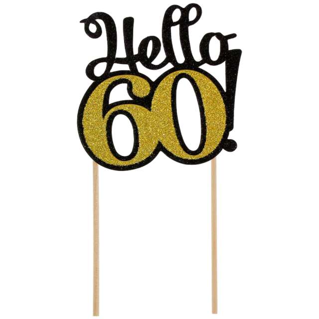 Dekoracja na tort "Hello 60!", czarno-złota, 19 cm