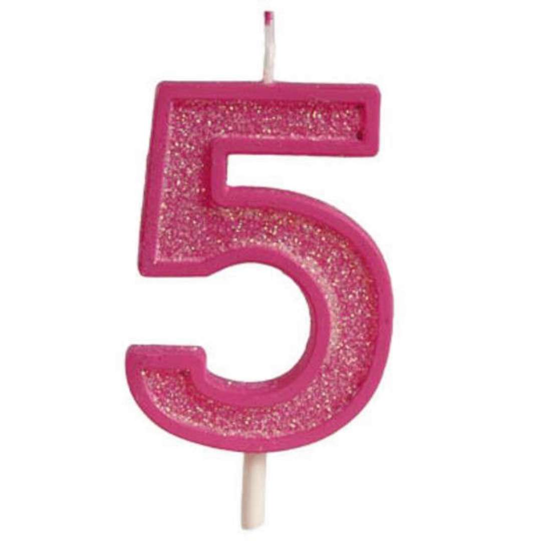 Świeczka na tort "Cyfra 5 brokat", różowa, Guirca, 4 cm