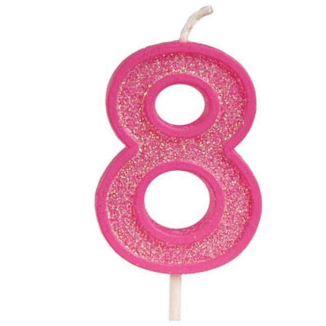 Świeczka na tort "Cyfra 8 brokat", różowa, Guirca, 4 cm