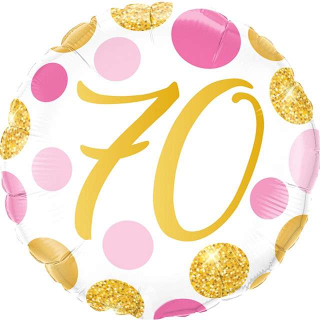 Balon foliowy "70 Urodziny - Grochy złote", różowe, Qualatex, 18", RND
