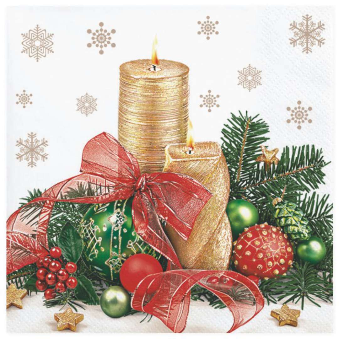 Serwetki "Świąteczne złote świeczki z dekoracją", Maki, 33 cm, 20 szt