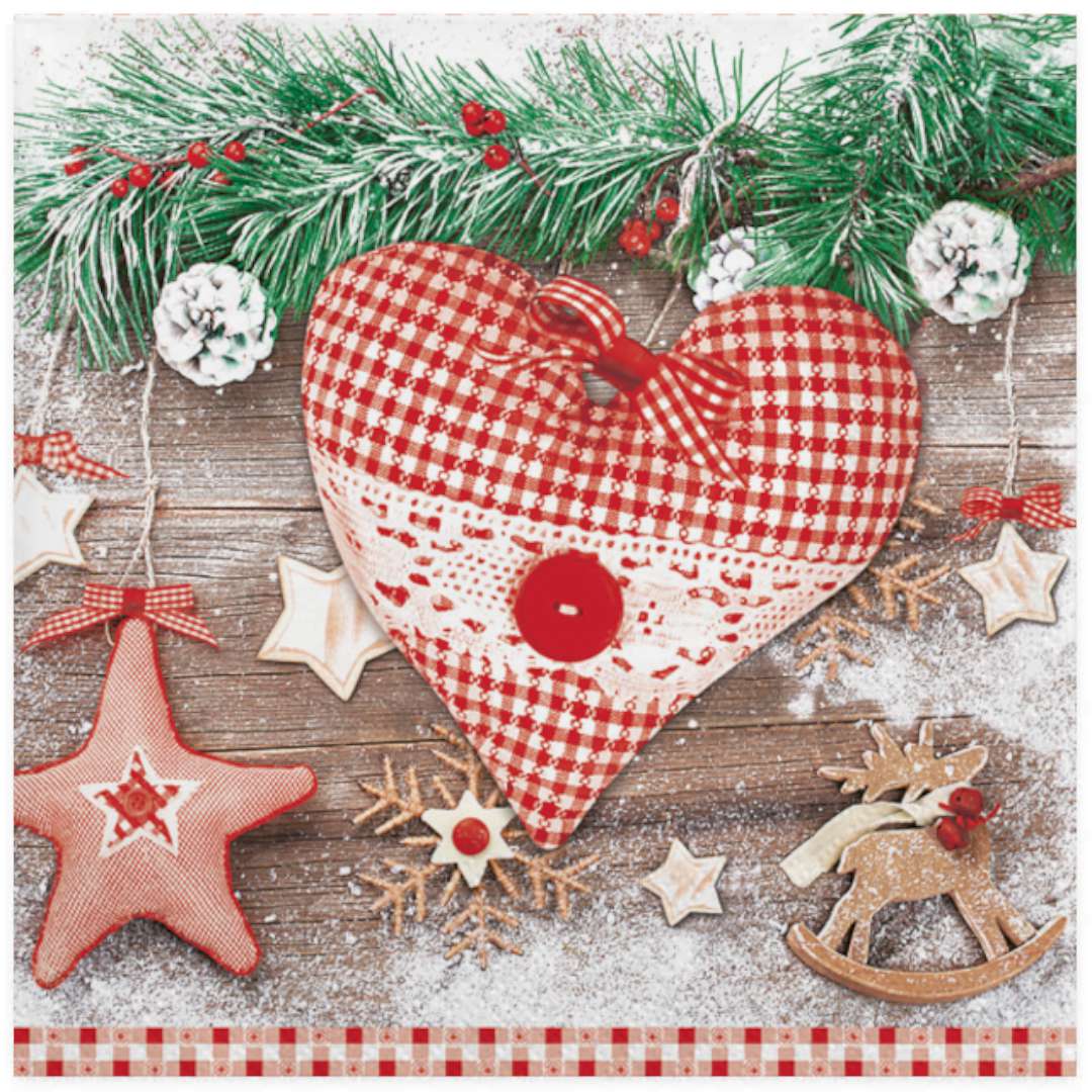 Serwetki "Świąteczne serce w czerwoną kratę", Maki, 33 cm, 20 szt