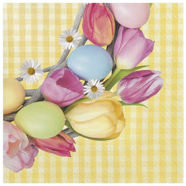 Serwetki "Wielkanoc - Jajka i tulipany na żóltej kratce", Maki, 33 cm, 20 szt