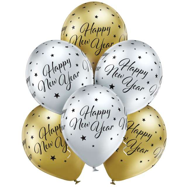 Balony "Happy New Year", srebrno-złote, Belbal, 12", 6 szt