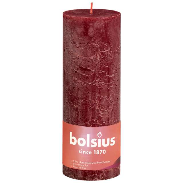 Świeca pieńkowa "Rustic", czerwony aksamitny, Bolsius, 190/68 mm
