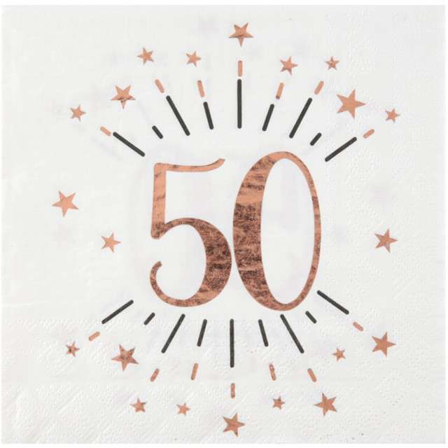 Serwetki "50 Urodziny - Gold-Rose", SANTEX, białe, 33 cm, 10 szt
