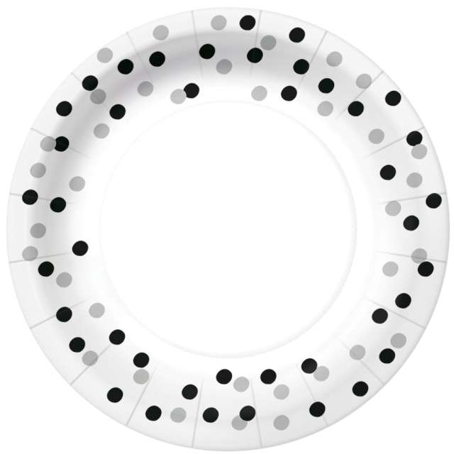 Talerzyki papierowe "Czarno-srebrne konfetti", białe, PAW, 18 cm, 10 szt