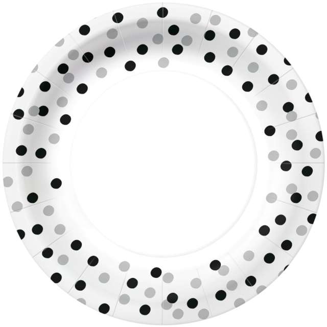 Talerzyki papierowe "Czarno-srebrne konfetti", białe, PAW, 23 cm, 10 szt