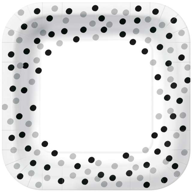 Talerzyki papierowe "Czarno-srebrne konfetti", kwadratowe, białe, PAW, 23 x 23 cm, 10 szt