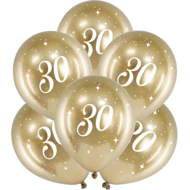 Balony "Glossy - Liczba 30", złote, PartyDeco, 12", 6 szt