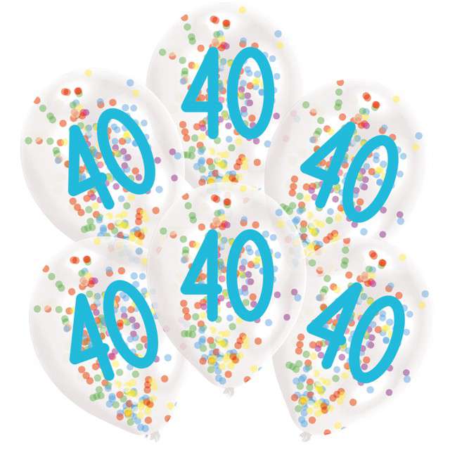 Balony "40 urodziny z konfetti", transparentne, Amscan, 11", 6 szt