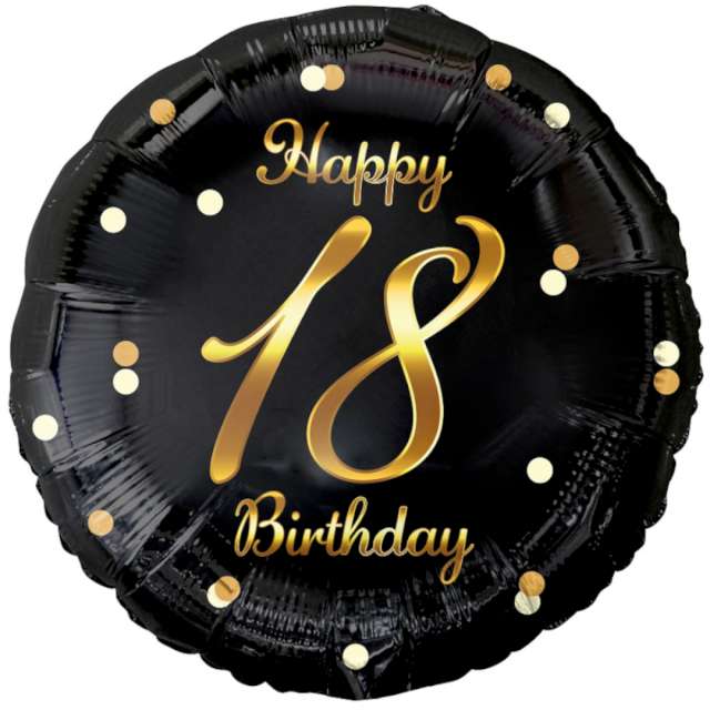 Balon foliowy "Happy Birthday 18 - B&C", czarno-złoty, Godan, 18" RND