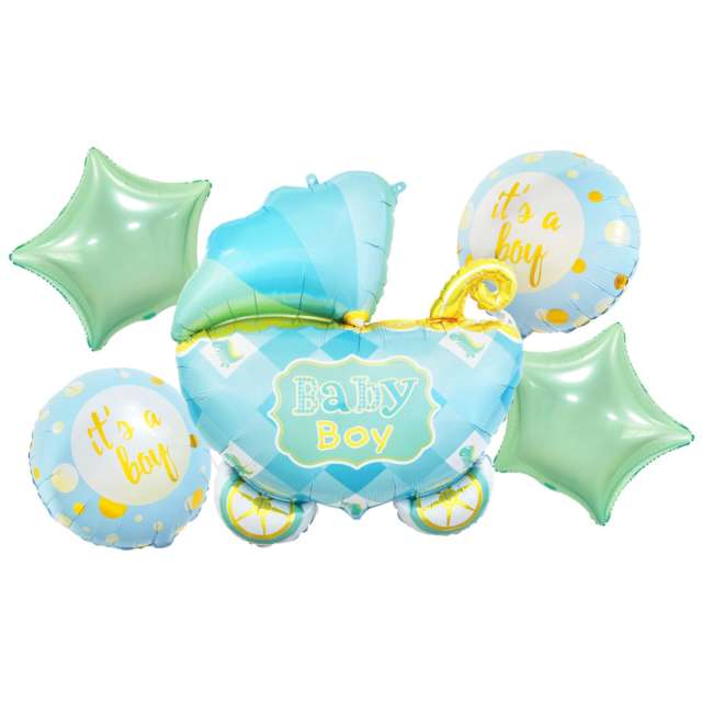 Balon foliowy "Baby Shower - Wózek Baby Boy", niebieski, Godan, 5 szt, SHP