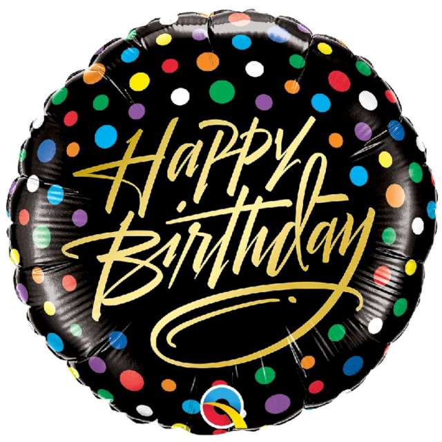 Balon foliowy Happy Birthday- groszki czarny Qualatex 18 cali