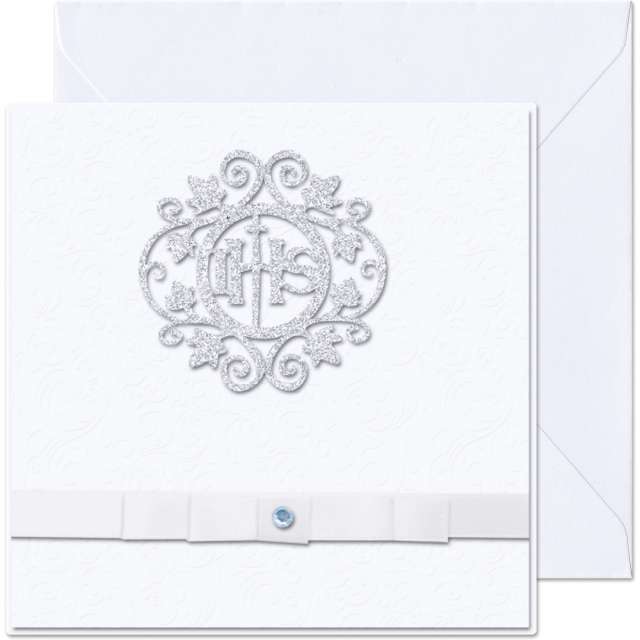 Kartka okolicznościowa "IHS - ornament", biała, Paw, 15,4 x 15,4 cm