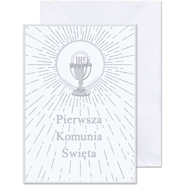 Kartka okolicznościowa "IHS - Pierwsza Komunia Święta", kielich, szara, Paw, 15,4 x 15,4 cm