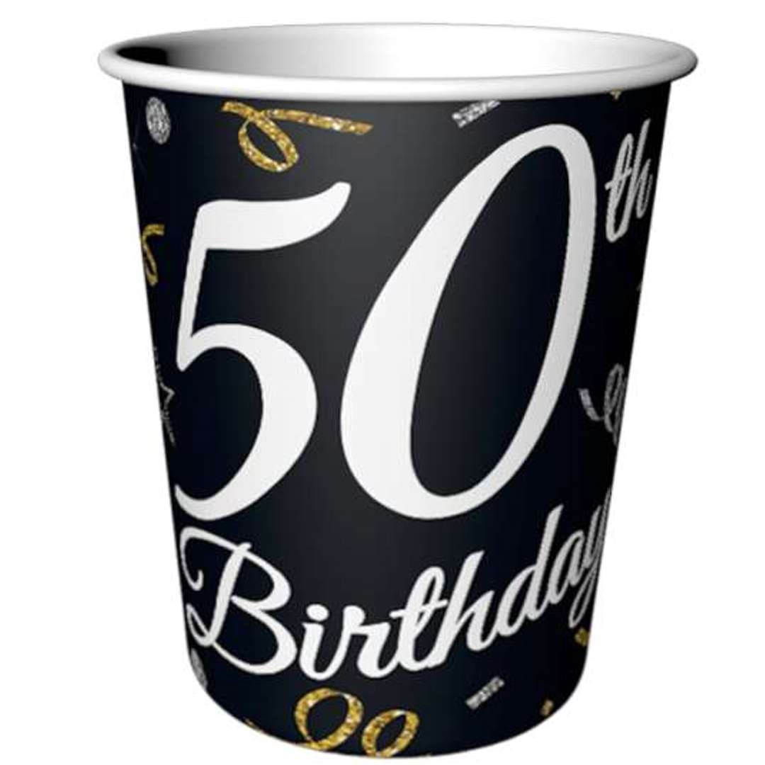 Kubeczki papierowe "Happy Birthday 50 urodziny - B&C", czarny, Godan, 200 ml, 6 szt
