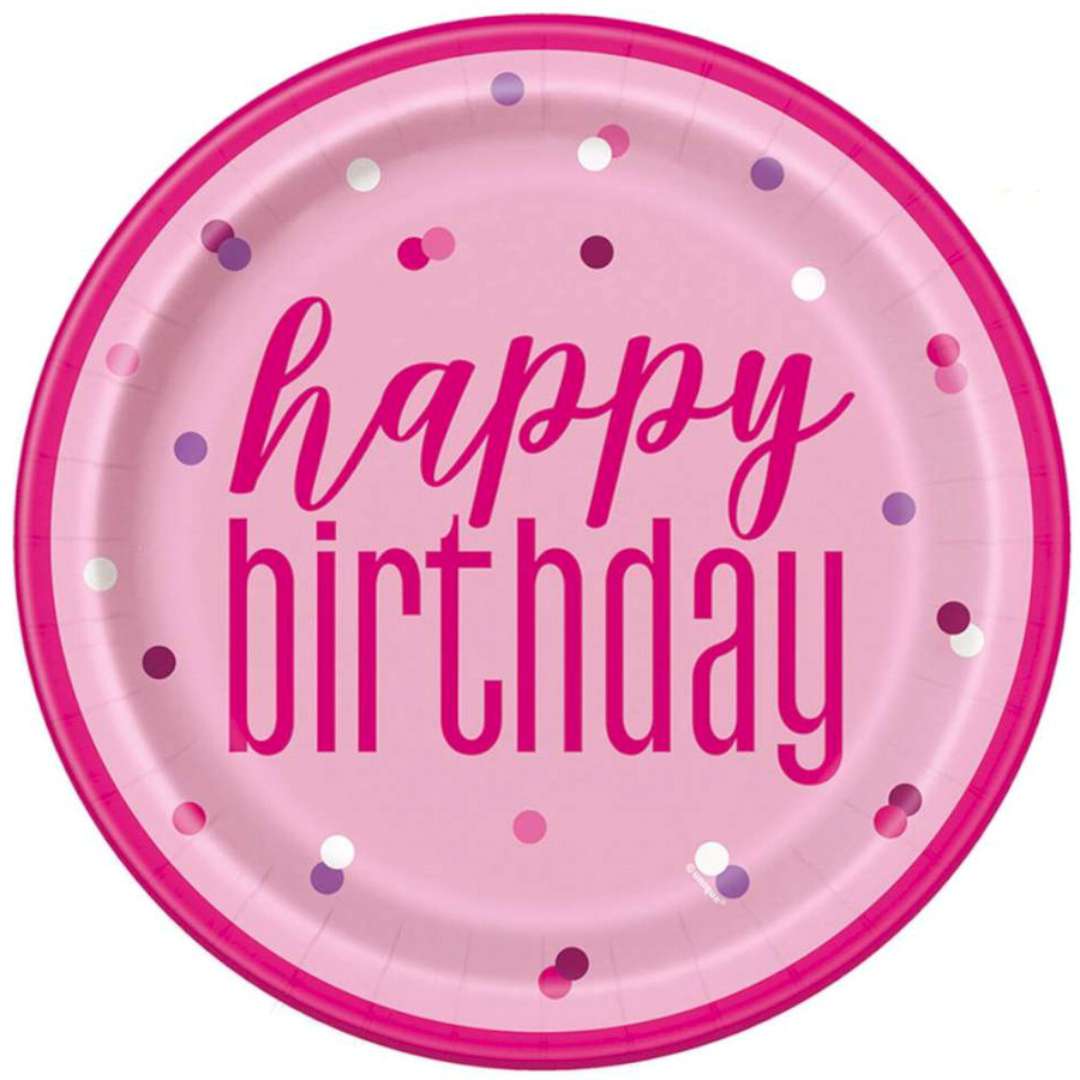 Talerzyki papierowe "Glitz - Happy Birthday", różowe,Unique, 23 cm, 8 szt
