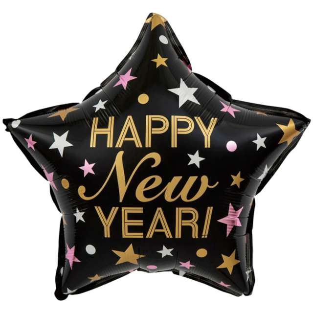 Balon foliowy "Happy New Year", czarny, Partypal, 18" STR