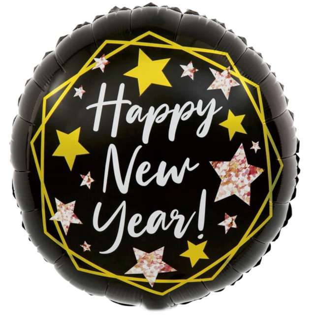 Balon foliowy "Happy New Year", czarny, Partypal, 18" RND