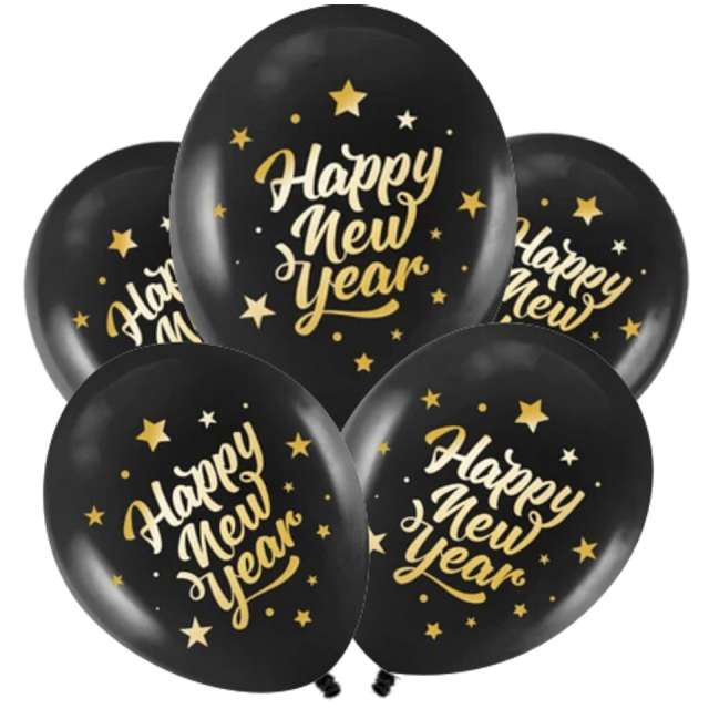 Balony "Happy New Year", złoto-czarne, PartyPal, 12", 5 szt.