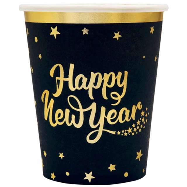 Kubeczki papierowe "Happy New Year", czarne, PartyPal, 230 ml, 6 szt