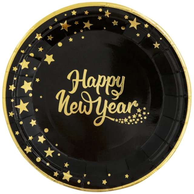 Talerzyki papierowe "Happy New Year", czarne, PartyPal, 18 cm, 6 szt