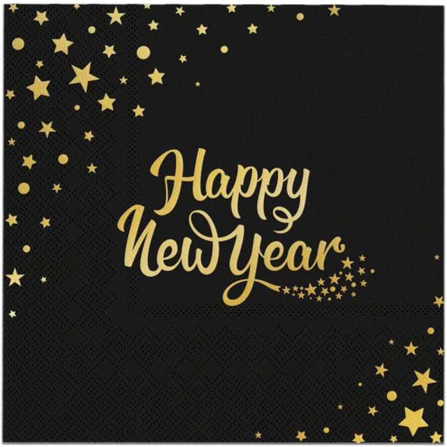 Serwetki "Happy New Year", czarne, PartyPal, 33 cm, 10 szt