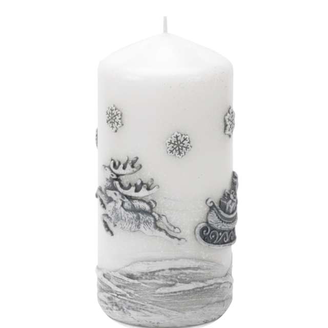 Świeca pieńkowa "Renifery ciągnące sanie", biała, Bartek-Candles, 130/60 mm