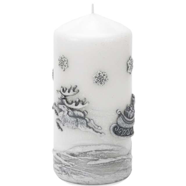 Świeca pieńkowa "Renifery ciągnące sanie", biała, Bartek-Candles, 150/70 mm
