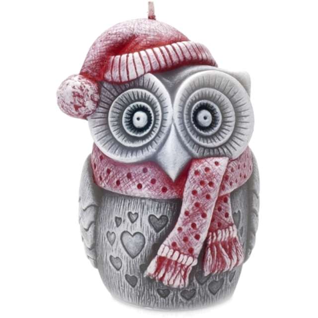Świeca "Sowa - Winter Owl", szaro-czerwona, Bartek-Candles, 100 mm