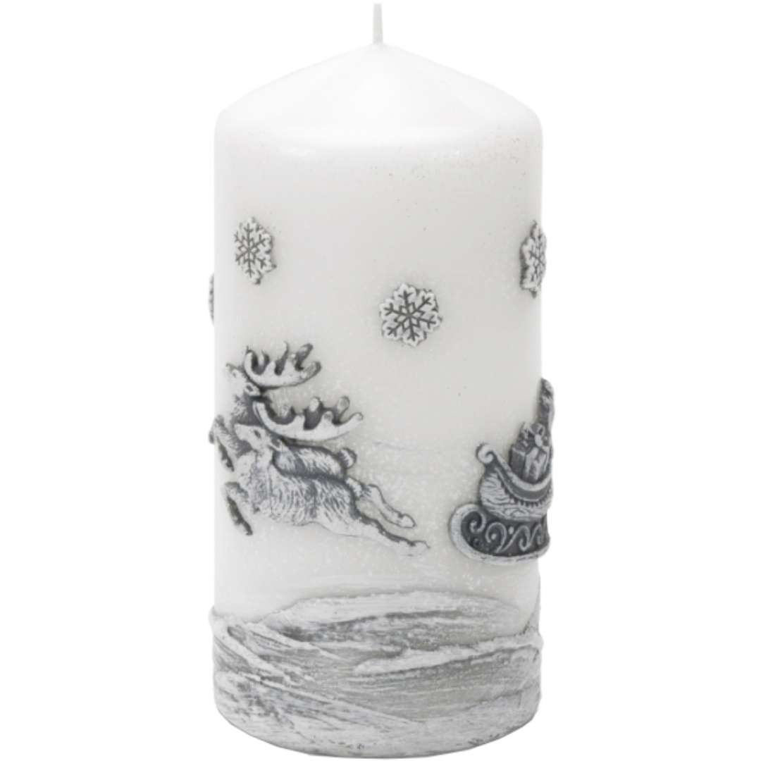 Świeca pieńkowa "Renifery ciągnące sanie", biała, Bartek-Candles, 50/100 mm