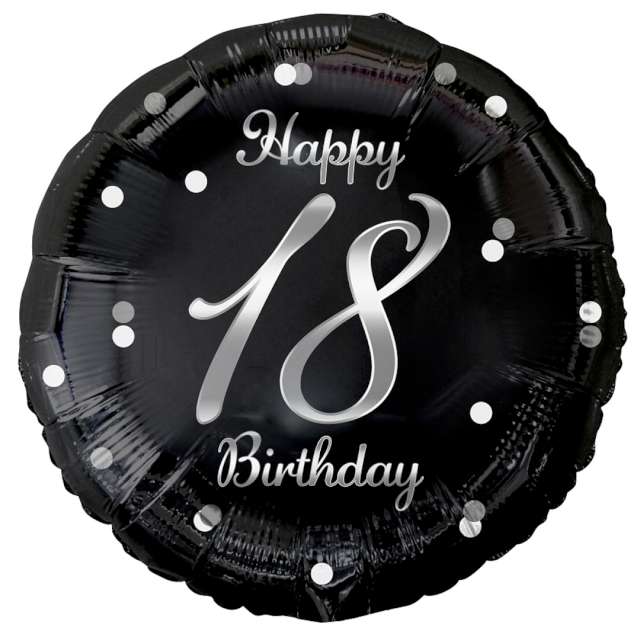 Balon foliowy "Happy Birthday 18 - B&C", czarno-srebrny, Godan, 18" RND
