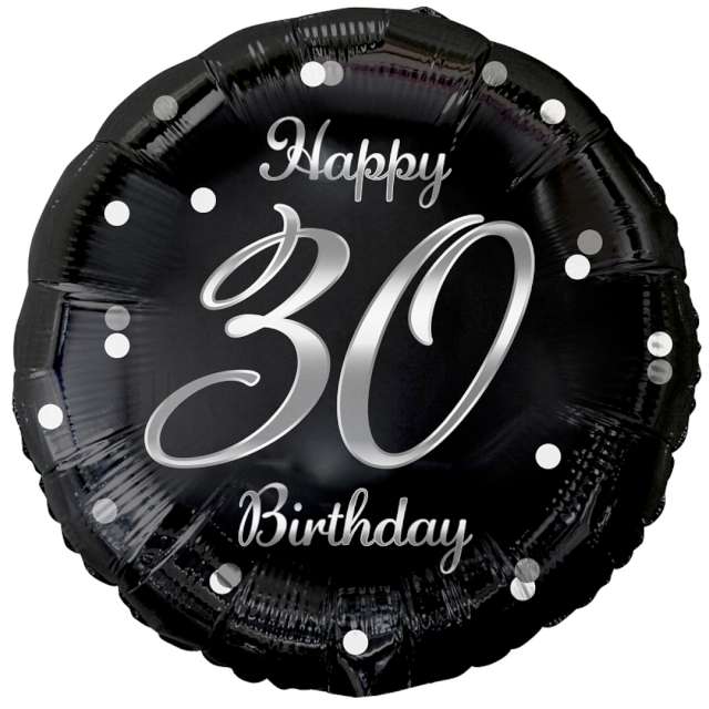 Balon foliowy "Happy Birthday 30 - B&C", czarno-srebrny, Godan, 18" RND