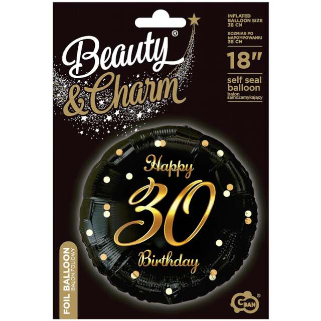 Balon foliowy Beauty & Charm Happy 30 Birthday czarno-złoty Godan 18 cali