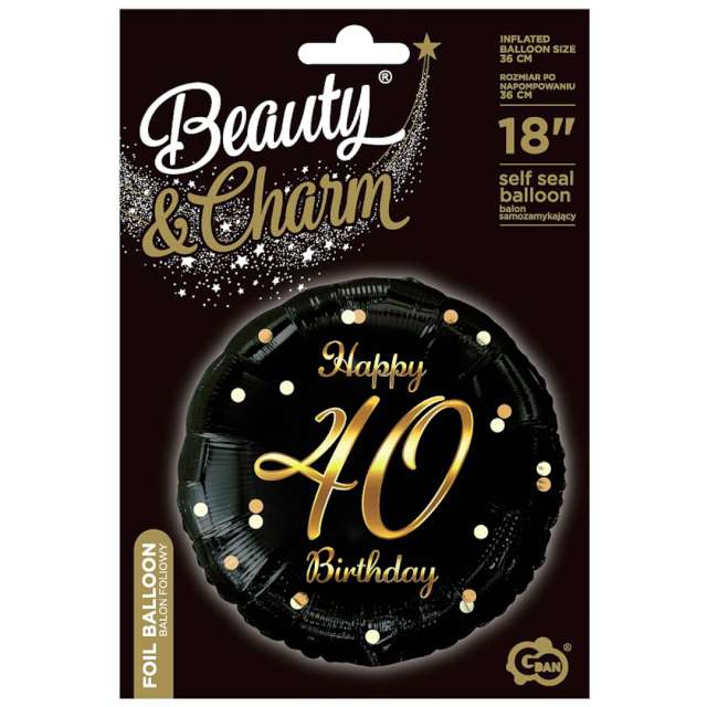 Balon foliowy Beauty & Charm Happy 40 Birthday czarno-złoty Godan 18 cali