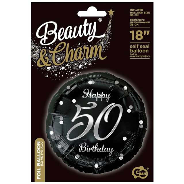 Balon foliowy Beauty & Charm Happy 50 Birthday czarno-srebrny Godan 18 cali