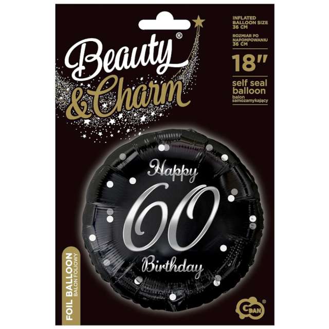 Balon foliowy Beauty & Charm Happy 60 Birthday czarno-srebrny Godan 18 cali