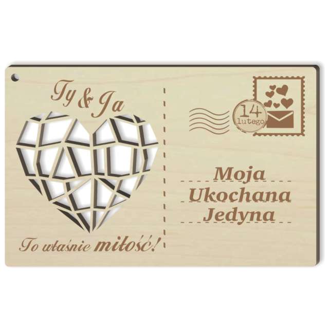 Pocztówka "Moja Ukochana z sercem", drewniana, 140x90 mm