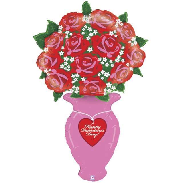 Balon foliowy "Róże w wazonie - Happy Valentines Day", różowy, Betallic, 52", SHP