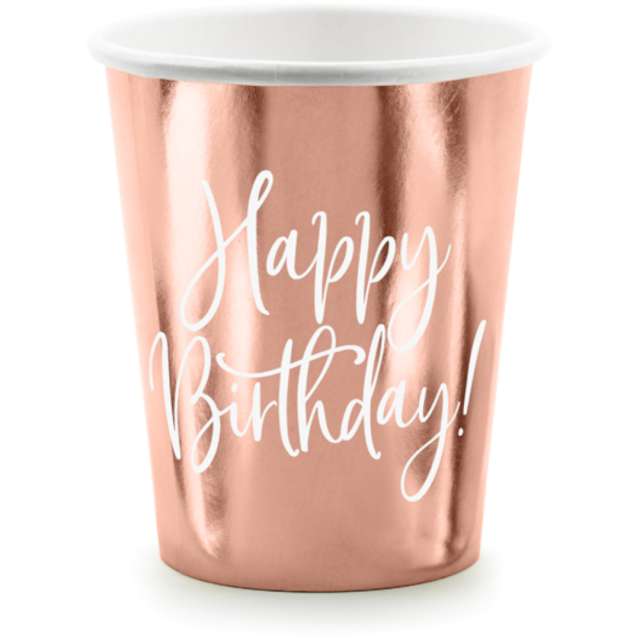Kubeczki "Happy Birthday", różowe złoto, PartyDeco, 260 ml, 6 szt
