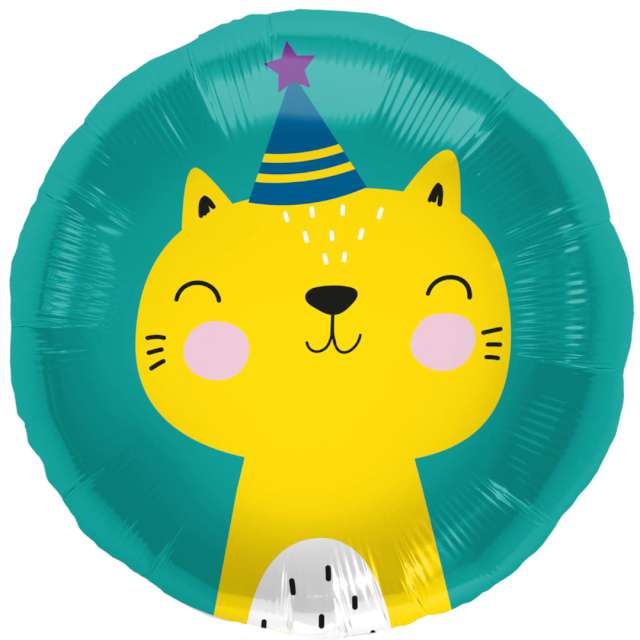 Balon foliowy "Kot w czapeczce urodzinowej", turkusowy, Folat, 18", RND