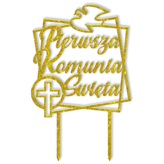 Topper z pleksy "Pierwsza Komunia Św.- gołębica", złoty brokat, 19,5 cm